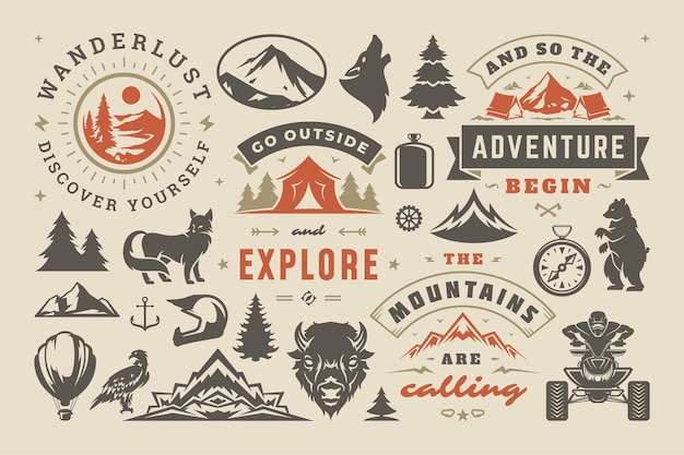 Camping y elementos de diseño de aventura al aire libre conjunto de citas e iconos ilustración vectorial