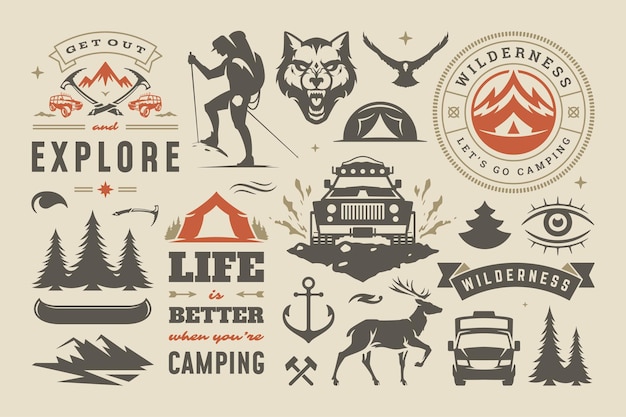 Vector camping y elementos de diseño de aventura al aire libre conjunto de citas e iconos ilustración vectorial