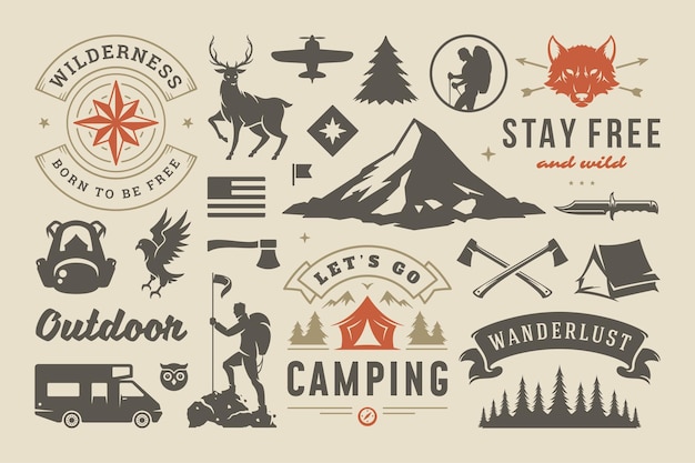 Camping y elementos de diseño de aventura al aire libre conjunto de citas e iconos ilustración vectorial