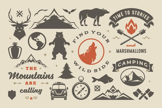 Camping y elementos de diseño de aventura al aire libre conjunto de citas e iconos ilustración vectorial