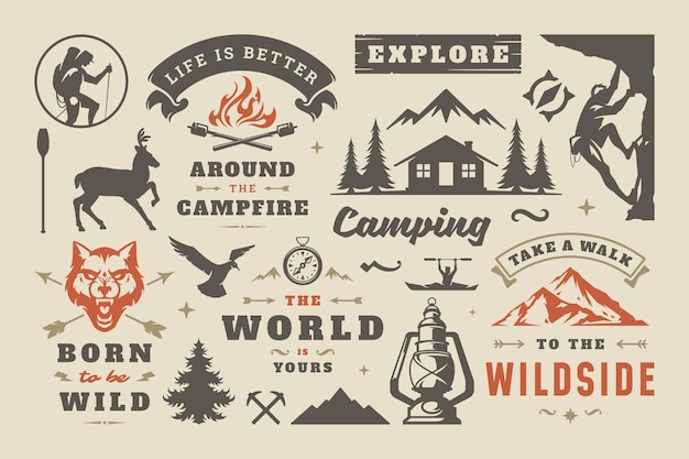 Camping y elementos de diseño de aventura al aire libre conjunto de citas e iconos ilustración vectorial