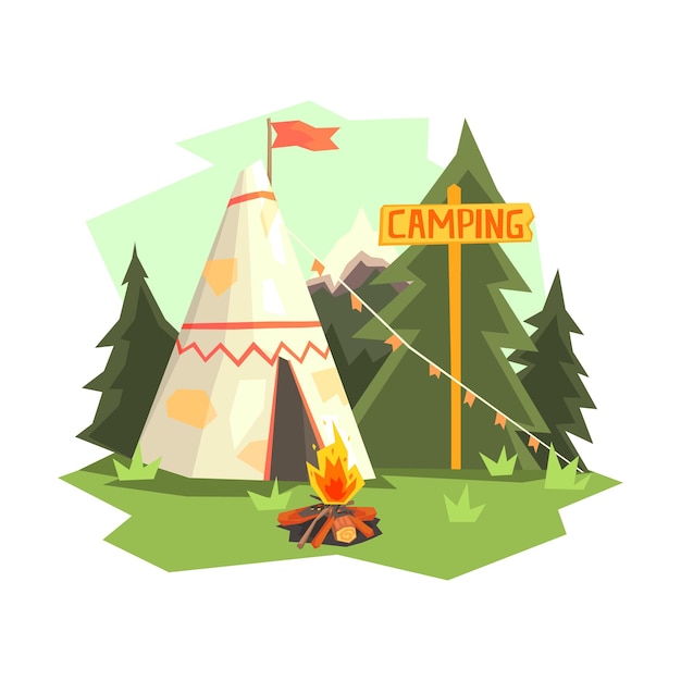 Camping con fogata wigwam y bosque