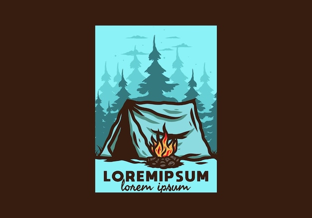 Camping forestal con insignia de ilustración de hoguera