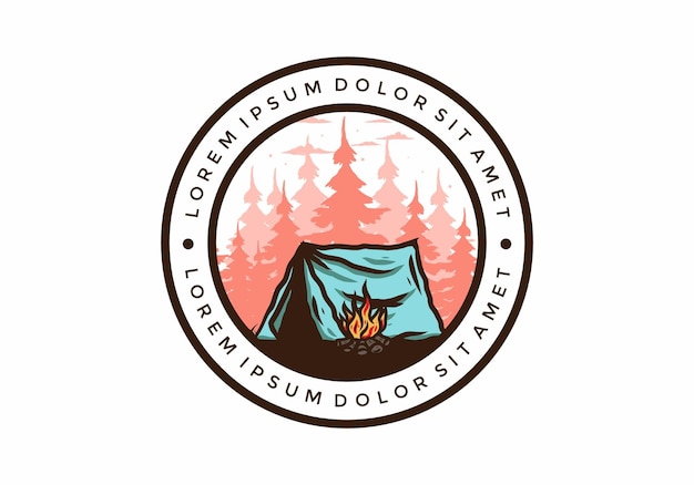 Camping forestal con insignia de ilustración de hoguera