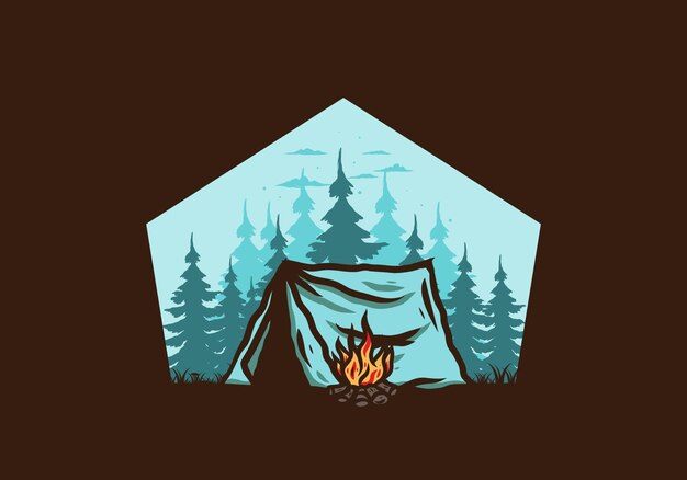 Camping forestal con insignia de ilustración de hoguera
