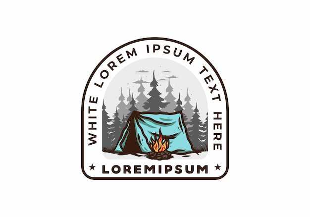 Camping forestal con insignia de ilustración de hoguera