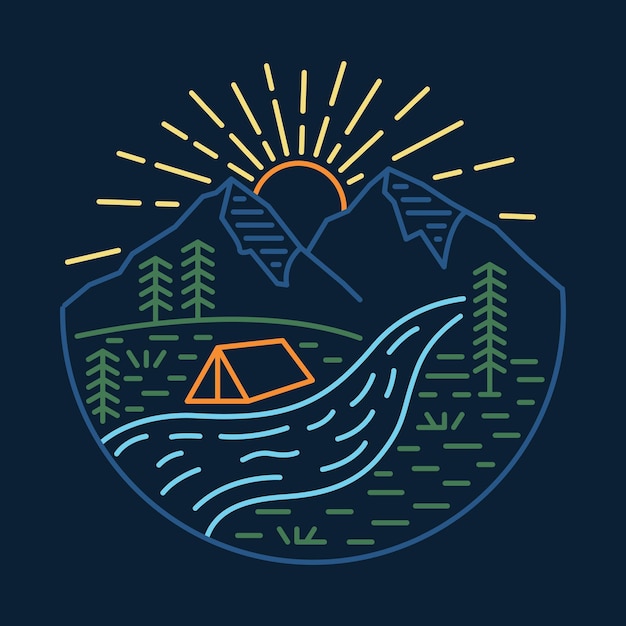 Camping en la gran naturaleza con río y amanecer ilustración gráfica diseño de camiseta de arte vectorial