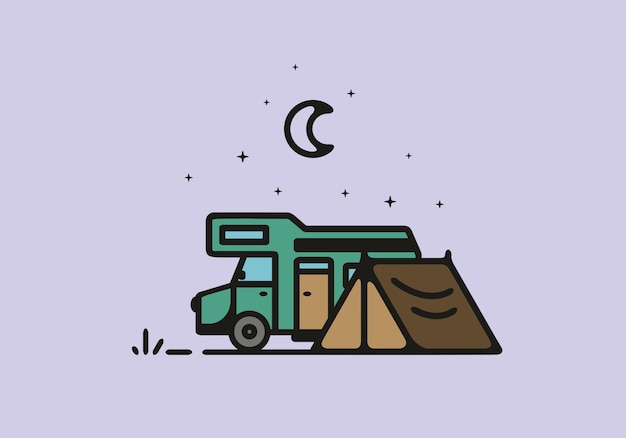 Vector camping con ilustración de arte de línea de autocaravana