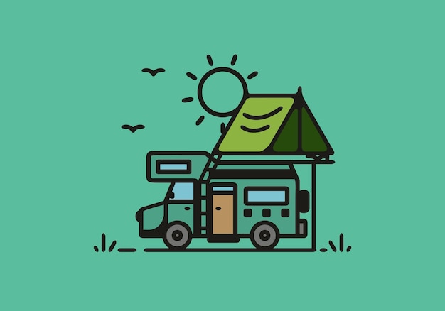 Camping con ilustración de arte de línea de autocaravana