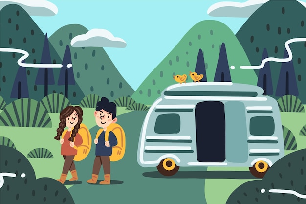 Camping con una ilustración de caravana con niña y niño.