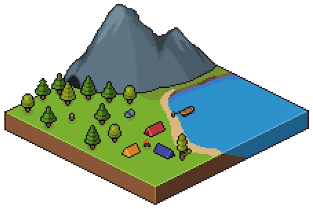 Camping isométrico de pixel art en bosque con escenario de juego motanha y lake bit