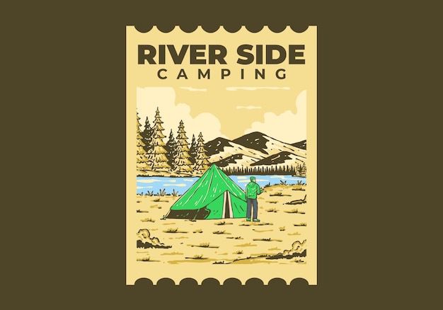 Camping junto al río insignia de ilustración al aire libre vintage