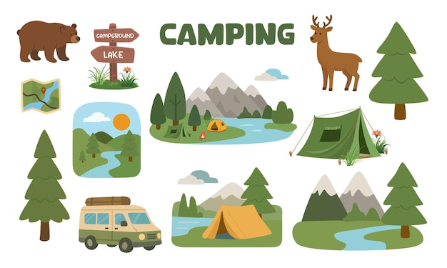 Camping landscape vector set Camping clipart with camper van landscape bear tent map deer