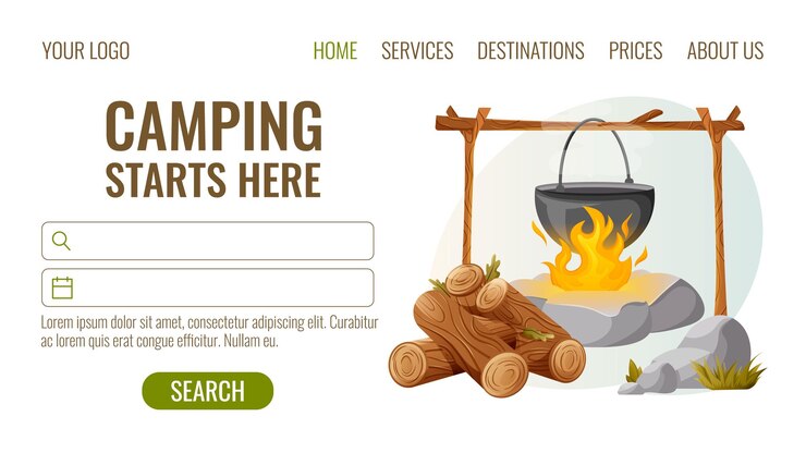 Vector camping leña con hoguera hierro caldero piedras y hojas vector ilustración estilo de dibujos animados