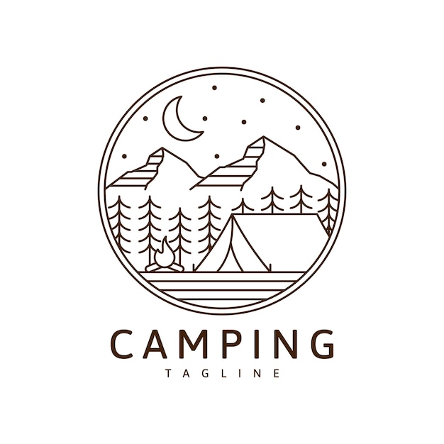 Camping logo o ilustración monoline o vector de estilo de arte lineal