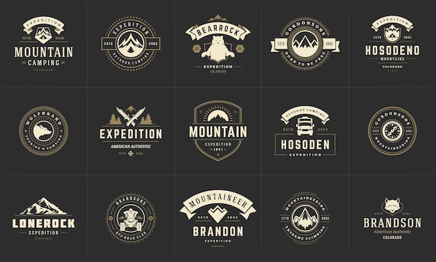 Camping logotipos e insignias plantillas de elementos de diseño vectorial y conjunto de siluetas