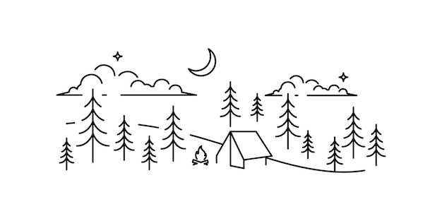 Camping minimalista en un diseño de ilustración de vector de arte de línea de bosque