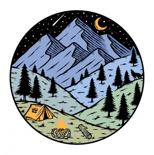 Camping en las montañas por la noche ilustración