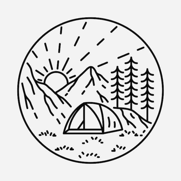 Camping naturaleza aventura salvaje línea insignia parche pin gráfico ilustración arte diseño de camiseta