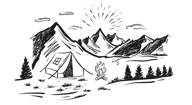 Camping en la naturaleza Ilustraciones de vectores de estilo de dibujo de paisaje de montaña