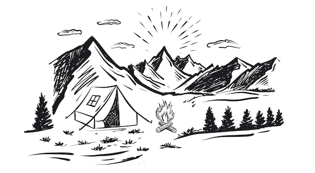 Camping en la naturaleza ilustraciones de vectores de estilo de dibujo de paisaje de montaña