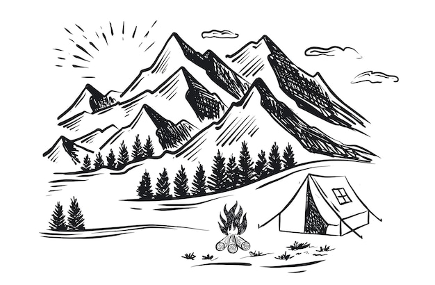 Camping en la naturaleza ilustraciones de vectores de estilo de dibujo de paisaje de montaña