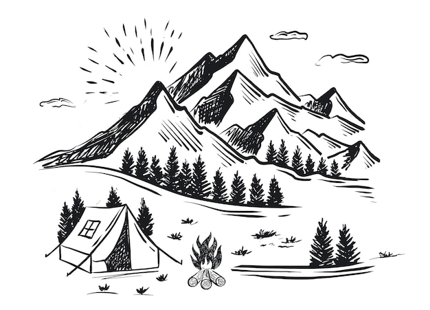 Camping en la naturaleza Ilustraciones de vectores de estilo de dibujo de paisaje de montaña