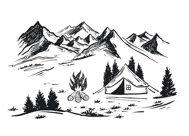 Camping en la naturaleza Ilustraciones de vectores de estilo de dibujo de paisaje de montaña