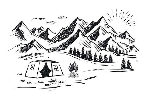 Camping en la naturaleza Ilustraciones de vectores de estilo de dibujo de paisaje de montaña