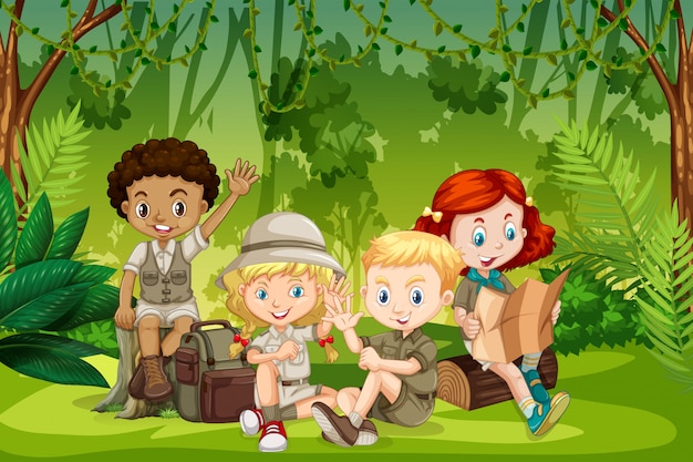 Vector camping niños en la naturaleza