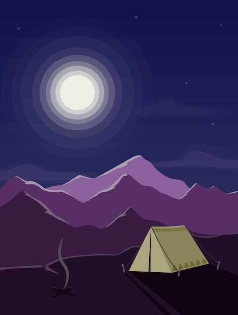 Vector camping en paisaje con carpa, montañas y hoguera