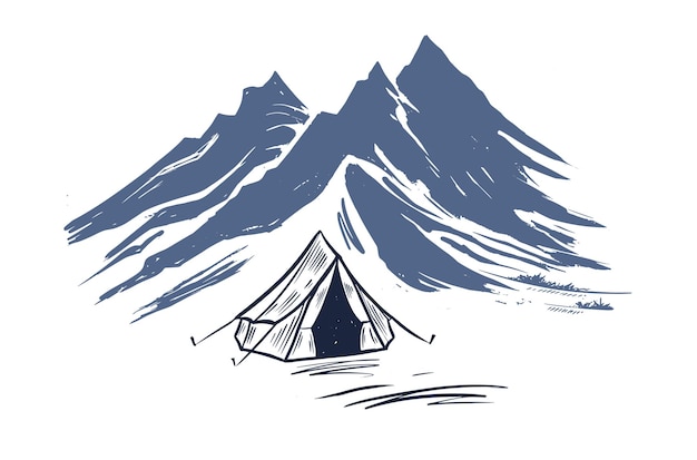Camping, paisaje de montaña, estilo boceto, ilustraciones vectoriales.