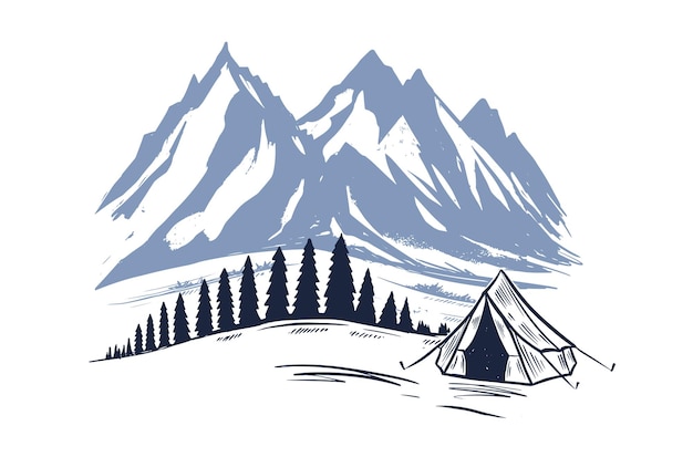 Camping, paisaje de montaña, estilo boceto, ilustraciones vectoriales.