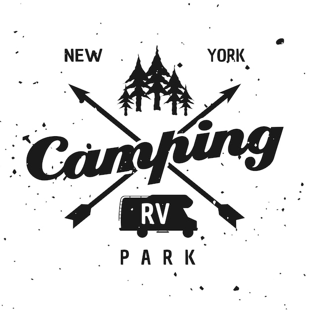 Camping parque vector monocromo emblema, etiqueta, insignia, pegatina o logotipo aislado sobre fondo con textura