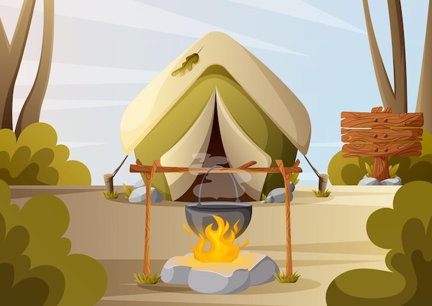 Camping recreación al aire libre con carpa fuego caldero de hierro una tabla de madera en el bosque