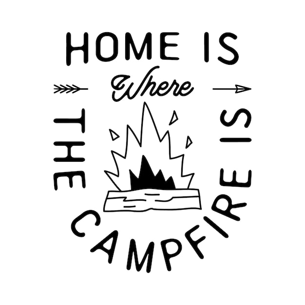 Camping t shirt design en estilo de arte de línea minimalista con cita el hogar es donde está la fogata aventura lineal emblema senderismo silueta etiqueta stock vector tee print