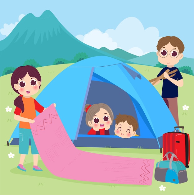 Vector camping de vacaciones en familia