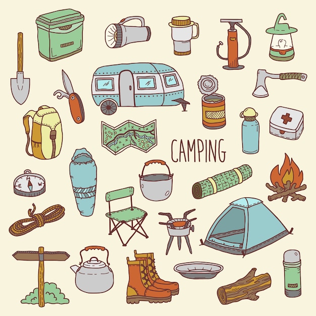 Camping vector conjunto de iconos coloridos dibujados a mano