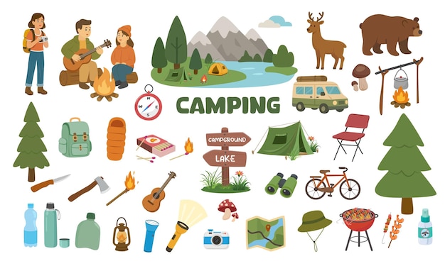 Camping vector set Camping element with landscape campsite equipment people Flat cartoon vector