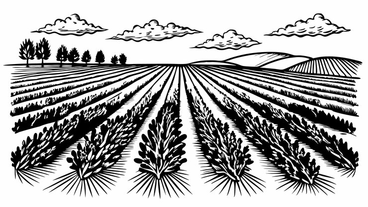 Vector campo de agricultura vectorial monocromático de campo con filas de cultivos y árboles