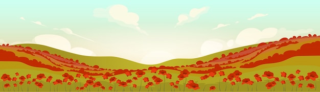 Campo de amapolas toscanas al amanecer ilustración de color plano