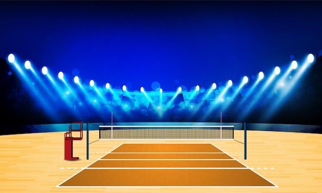 Vector campo de arena de la cancha de voleibol con diseño de luces de estadio brillantes iluminación vectorial