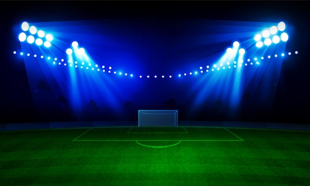 Campo de arena de fútbol con diseño de vector de luces de estadio brillante