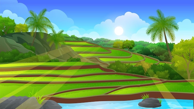 Vector campo de arroz terrazas con río que fluye al lado, hermoso paisaje rural natural
