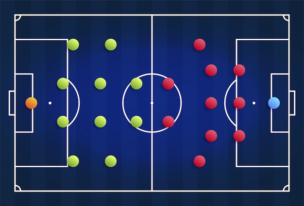 Un campo azul de fútbol cibernético con un esquema táctico de la disposición de los jugadores de dos equipos de fútbol en el tablero, organización de un diagrama de juego para un entrenador de la liga de fantasía.