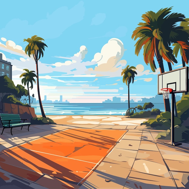 Vector campo de baloncesto callejero de día soleado cerca de la playa