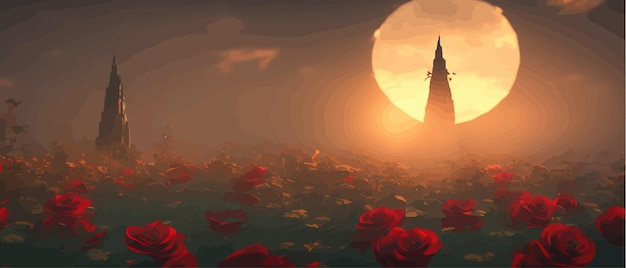 Vector campo de dibujo flores de rosas rojas y fondo borroso vista oscura torre misteriosa y una luna brillante