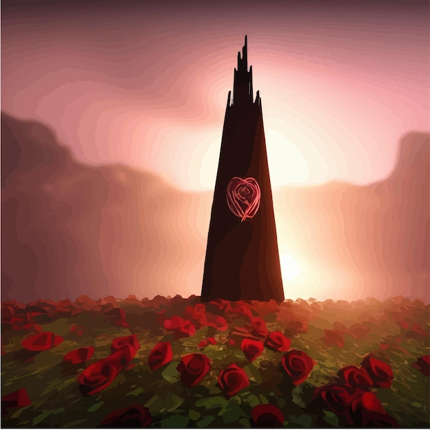 Campo fabuloso oscuro con rosas rojas y torre misteriosa sobre fondo de imagen de fantasía de luna brillante