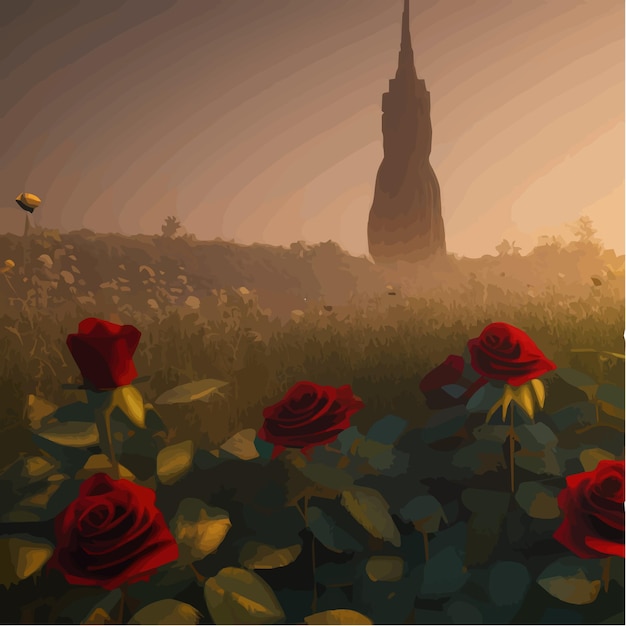 Campo fabuloso oscuro con rosas rojas y torre misteriosa sobre fondo de imagen de fantasía de luna brillante