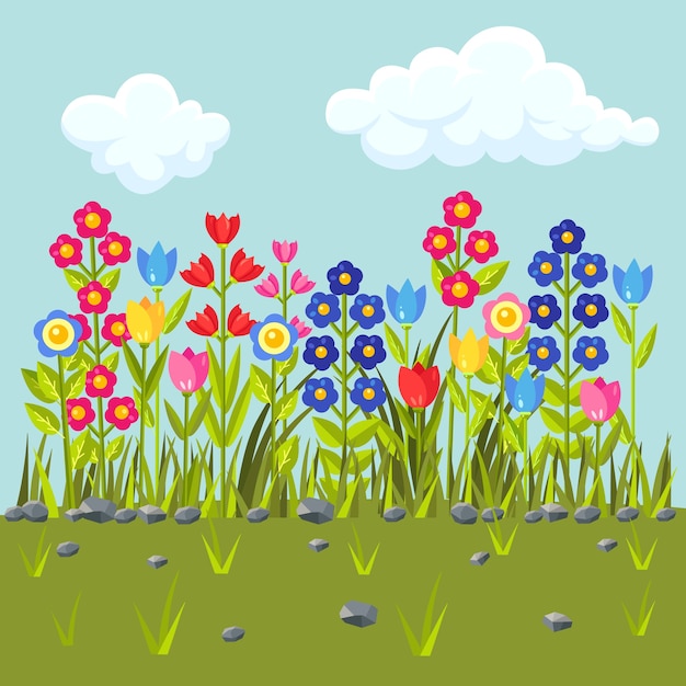 Vector campo de flores con flores de colores. frontera de hierba verde. escena de primavera